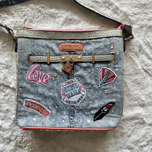 Nicole Lee Athena Patch Print Crossbody Handbag Denim Patches Rhinestones - Picture 2 of 11
